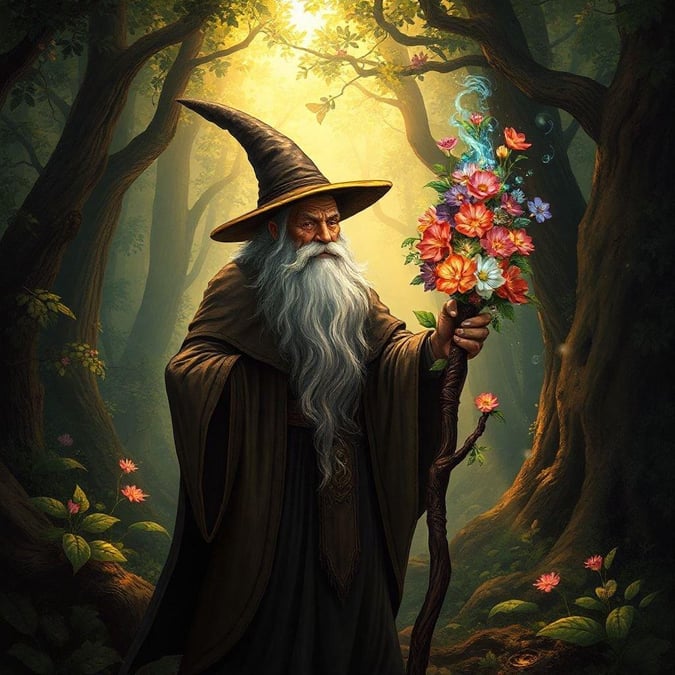 Explore the enchanting world with this wizard, as he wanders through a mystical forest. Adorned in his traditional wizard attire complete with a long beard and pointy hat, he carries a magical flower.