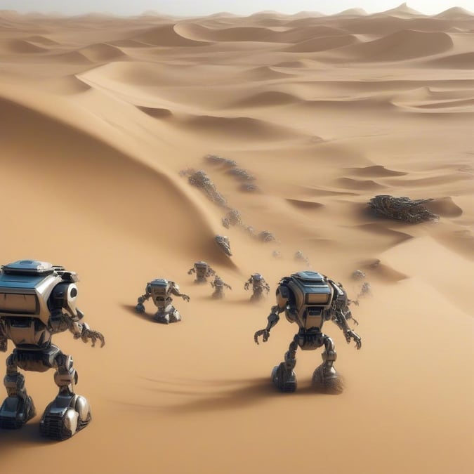 In the heart of a desert-like terrain, these robots embark on an exploration, showcasing their resilience and adaptability in diverse environments.