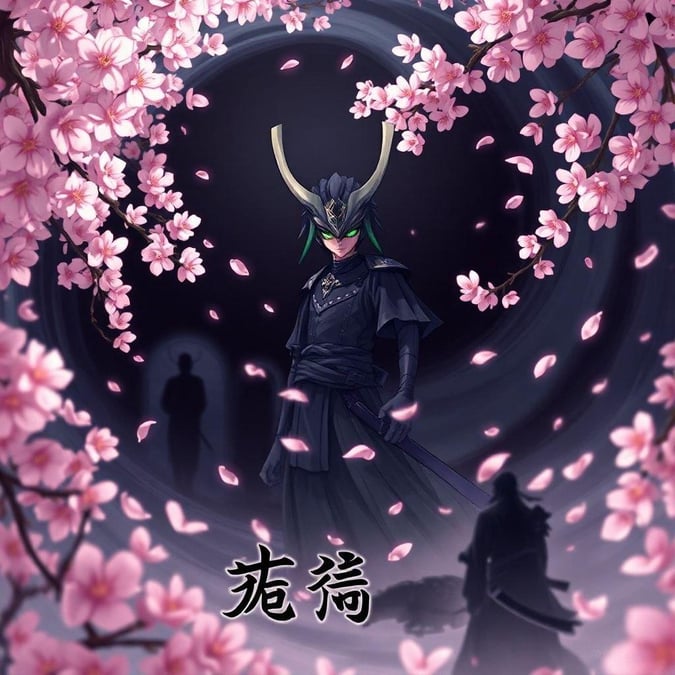 This anime illustration captures a serene moment of a samurai standing in a swirling vortex of cherry blossoms, its vibrant green eyes a striking contrast to the dark background.