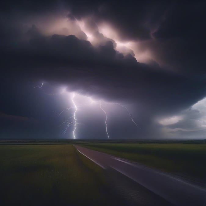 A dramatic scene of lightning striking over an empty road as a storm rages overhead.