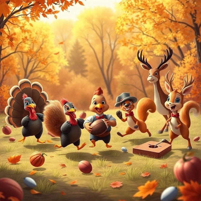 A fun and festive wallpaper for Thanksgiving, featuring a group of forest animals playing a game of football.