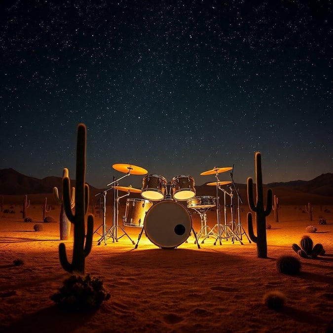 A set of drums in the middle of a desert night, with a starlit sky above and cacti around. A symbol of music playing in the wild.