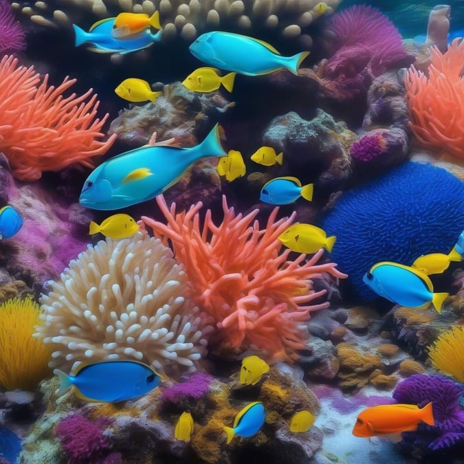 Dive into the vibrant world of coral reefs with this stunning wallpaper featuring a kaleidoscope of fish and sea anemones.