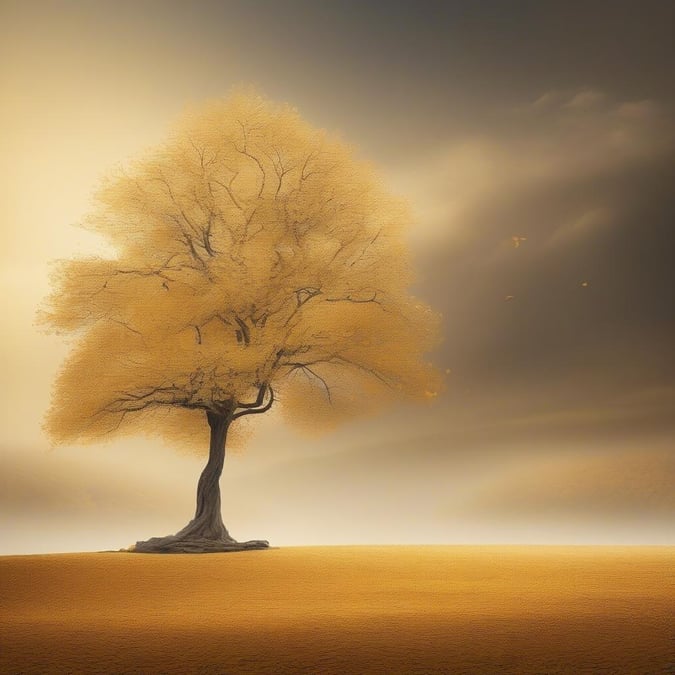 A vibrant autumn scene with golden trees, a field of wheat, and an overcast sky suggesting the arrival of winter.