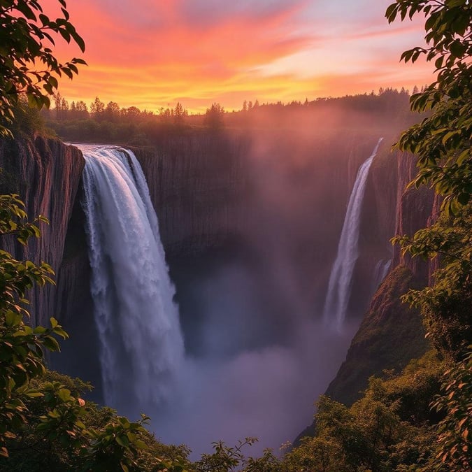 Experience the grandeur of nature as dusk paints the skies with a palette of soft pastels. This breathtaking scene captures Angel Falls in their most serene moment, inviting you to lose yourself in the beauty that surrounds it.