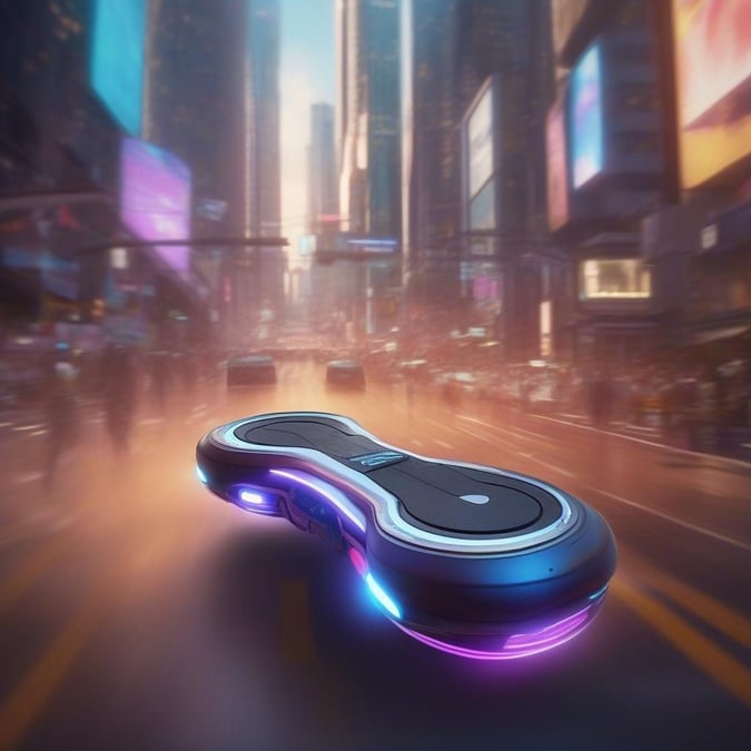 An eye-catching futuristic electric skateboard navigating through a bustling city environment.