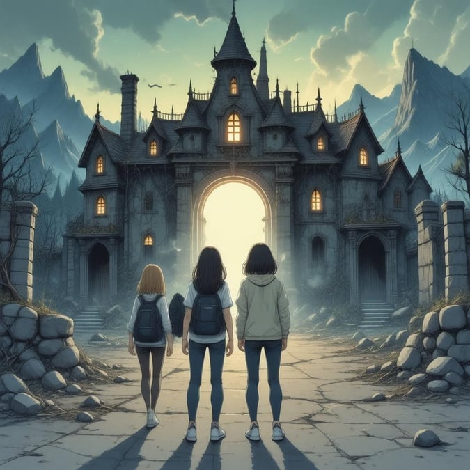 A group of friends explore an abandoned mansion shrouded in mystery, bathed in the glow of the setting sun.