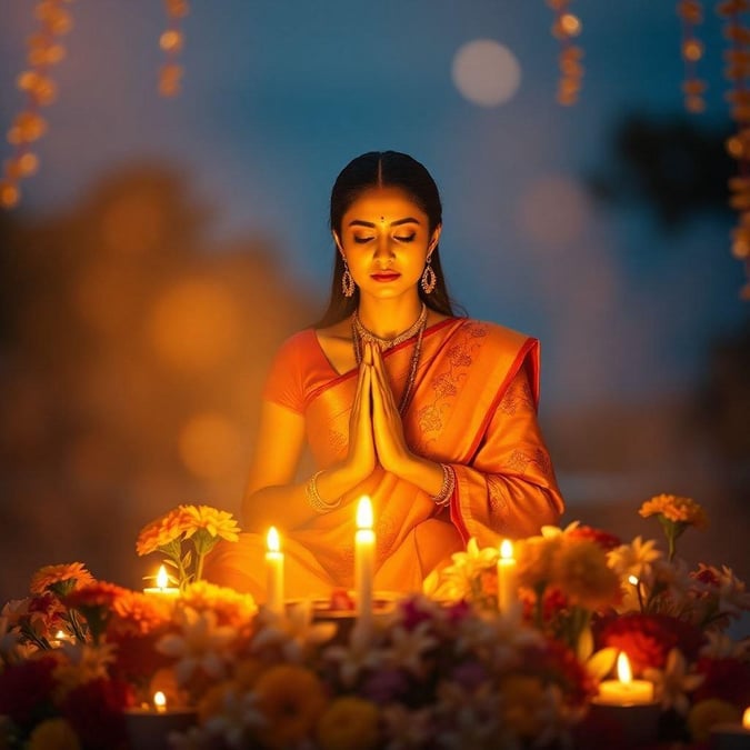 A woman in traditional Indian attire offers prayers at a Deepavali celebration, illuminated by the warm glow of candles.