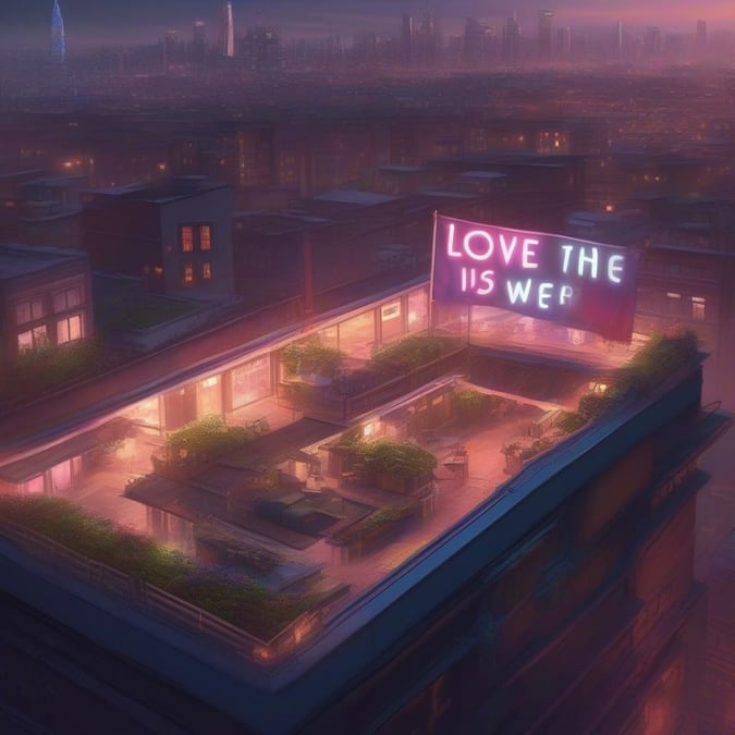 A cozy urban setting with a romantic neon sign glowing in the foggy night sky, perfect for weddings and anniversaries.