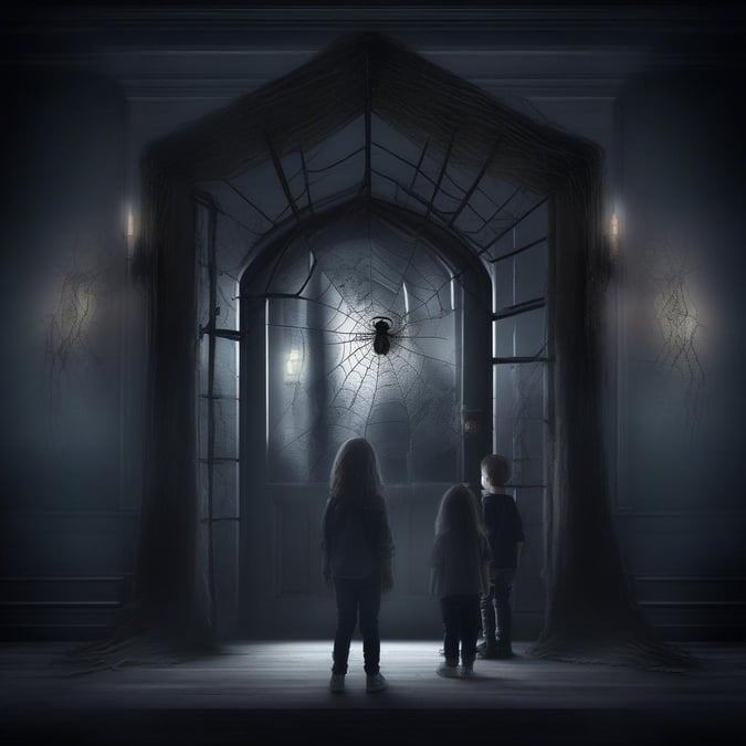 Get into the spooky spirit with this Halloween wallpaper featuring a creepy house and a spider web. Perfect for adding a touch of Halloween to your desktop or mobile device.