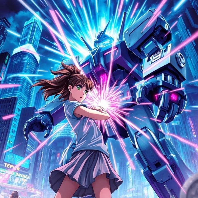 In the midst of a bustling city under nightfall, a young heroine stands defiantly against an enormous robot. The magical aura between them suggests an epic battle is about to unfold.