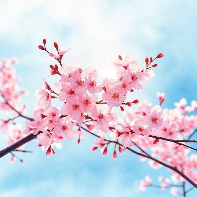 Bring the beauty of spring to your desktop or mobile device with this stunning wallpaper featuring blooming cherry blossoms against a soft blue sky. Perfect for nature lovers and those who appreciate the fleeting beauty of the season.