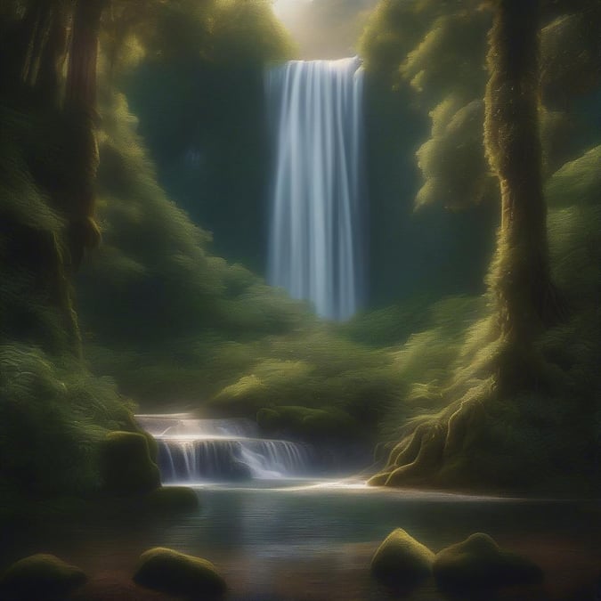 This tranquil landscape captures the beauty of a misty forest with cascading waterfalls. The mist from the falls adds a mystical touch to this serene setting, making it an ideal wallpaper for those who enjoy natural landscapes.