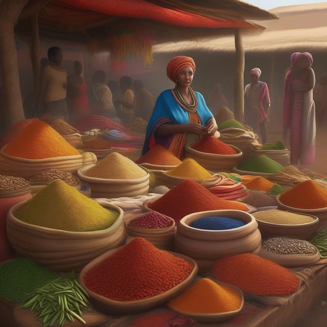 A lively scene at a traditional spice market, with an African woman tending to the colorful assortment of spices.