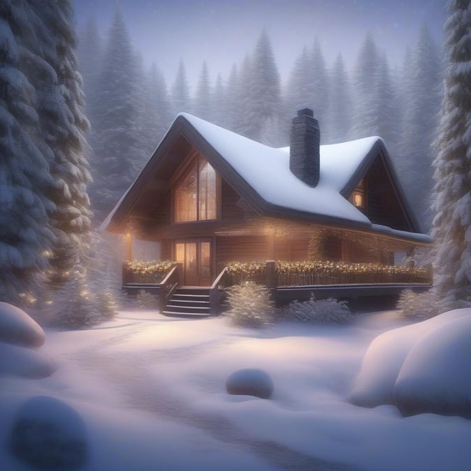 This picturesque scene captures the essence of a cozy Valentine's Day celebration. A charming cabin nestled amidst snow-covered evergreens, its warm glow invites a romantic retreat. Snuggle up and embrace the beauty of winter.