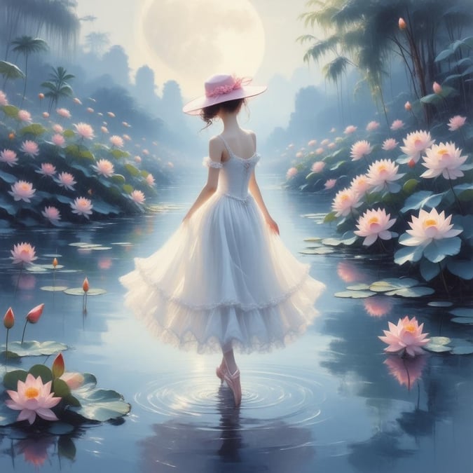 Step into a world of enchantment with this stunning wallpaper featuring an ethereal ballerina amidst a moonlit garden of vibrant lotus flowers. The detailed digital illustration captures the essence of serenity and beauty, making it a perfect addition to any desktop or mobile device.