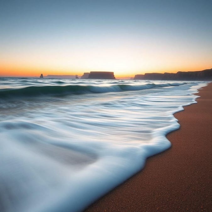 A tranquil evening at the beach with gentle waves lapping against the shore as the sun sets, creating a beautiful reflection on the water.