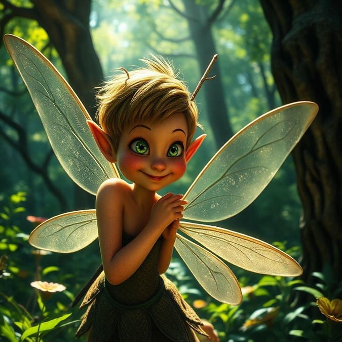 This enchanting wallpaper features a pixie, a mythical creature from fantasy, standing in a lush forest. The pixie is depicted with its characteristic pointed ears and wings, adding a touch of whimsy to the scene. The forest background is filled with tall trees and vibrant greenery, creating a sense of depth and wonder. This image is perfect for those who love fantasy and nature, and would make a great addition to any desktop or mobile wallpaper collection.