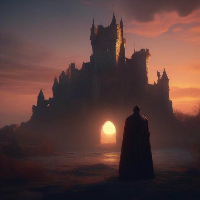 A man in a cape stands before a castle, ready to face whatever challenges lie ahead.