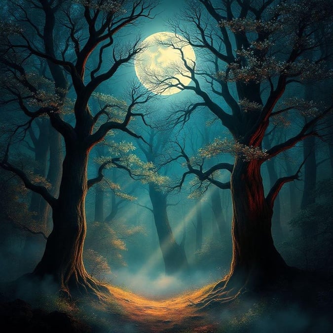 Enter a mystical world where the moon casts an enchanting glow on a forest path. The trees, tall and slender with twisted branches, reach out towards the celestial body, while below, the ground is carpeted in fallen leaves, leading you into the heart of this magical landscape.