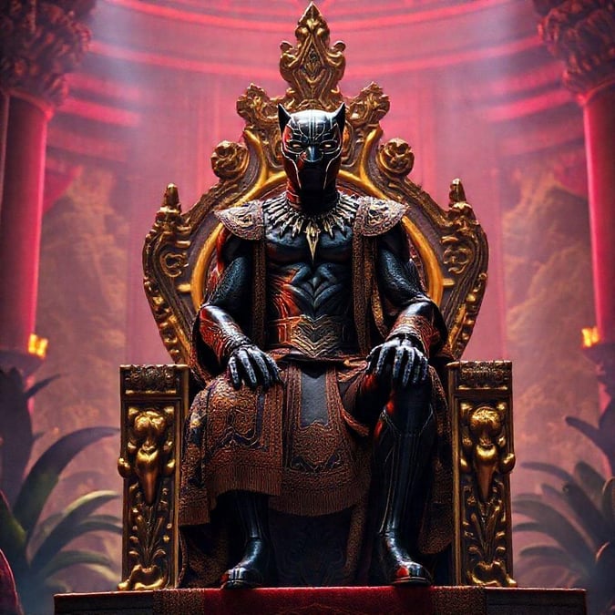 Le puissant Black Panther, T'Chaka, est assis dans sa salle du trône avec une grâce royale. La scène se déroule sur fond de la riche histoire et culture du Wakanda.