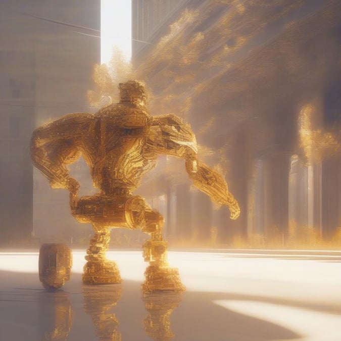 Step into the realm of fantasy with this futuristic scene featuring a robot guardian in an ancient ruin, bathed in ethereal light.