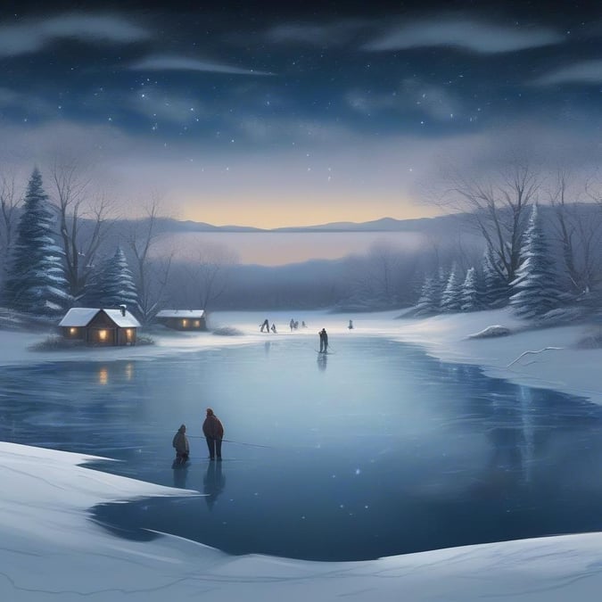 A serene winter scene by the lake, with people enjoying the outdoors. The calm water reflects the sky as snowflakes gently fall.