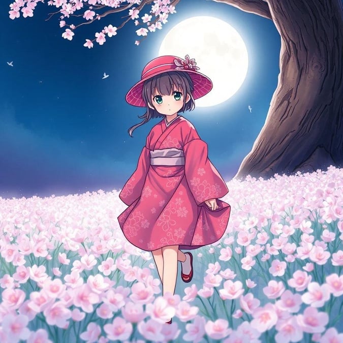 Ein junges Anime-Mädchen, das in einem schönen rosa Kimono und passendem Hut gekleidet ist, geht durch ein atemberaubendes Feld von Kirschblüten, schaut direkt den Betrachter an, mit einem hellen Vollmond hinter ihr und einem großen Baumstamm, der der Szene Tiefe verleiht und eine friedliche und ruhige Atmosphäre schafft.