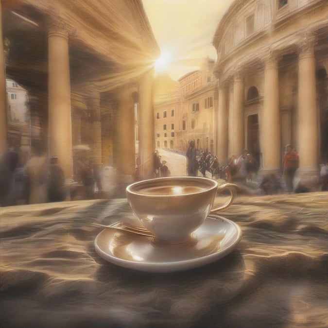 A cup of coffee in a beautiful city setting, perfect for a morning pick-me-up or an afternoon break.