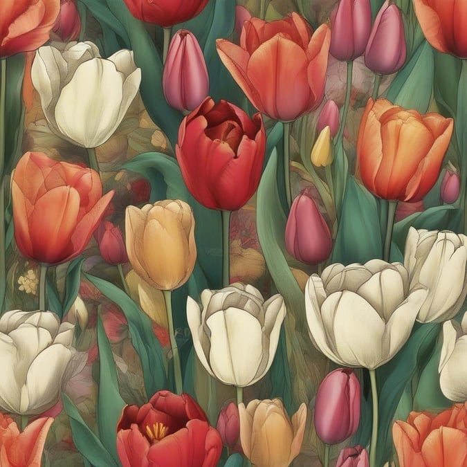 This wallpaper features a stunning arrangement of tulips in various colors, creating a vibrant and lively atmosphere.