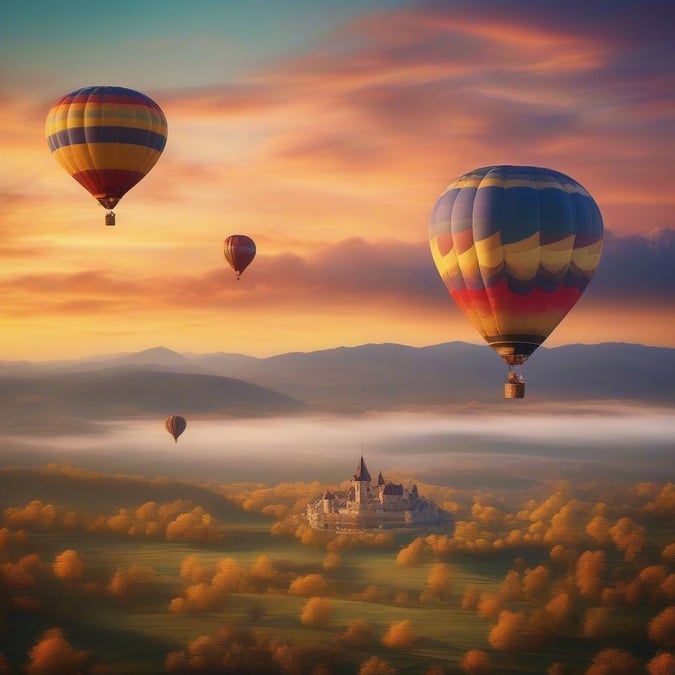 Soar above the clouds and take in the breathtaking view of a majestic castle in this stunning hot air balloon wallpaper.