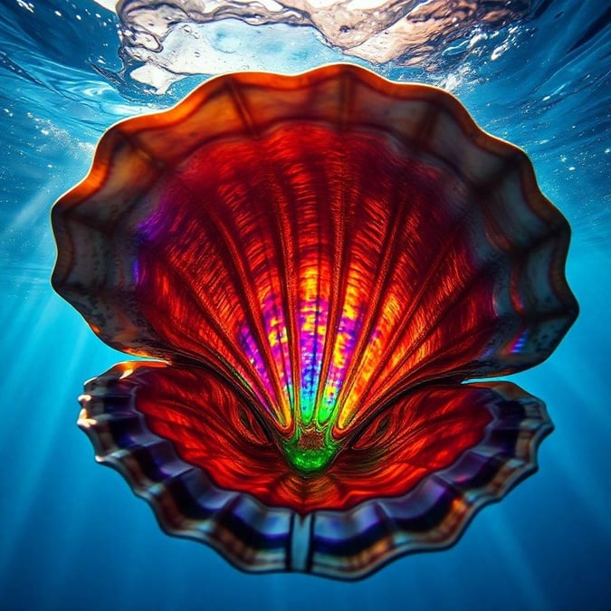 An intriguing view from below the ocean's surface, highlighting a vibrant red-orange and purple shell that could be an anemone or clam. The shell rests gently on the sandy ocean floor, its inner chamber a soft contrast to the striking shell above.