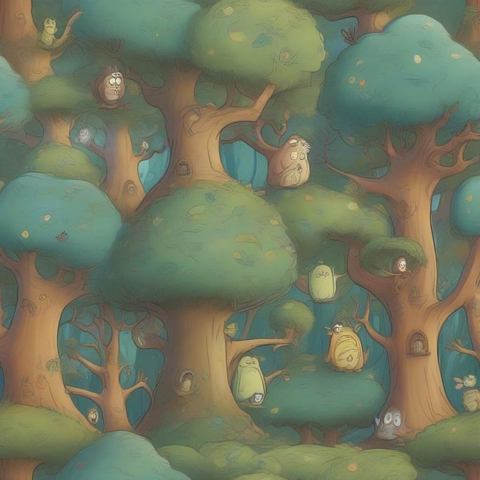 A whimsical and colorful cartoon forest with a variety of creatures and foliage.