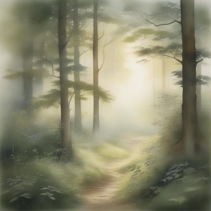 A serene morning hike through a misty forest, with light breaking through the trees, creating a magical atmosphere.