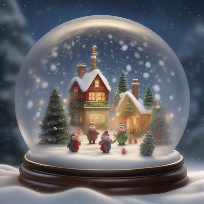 Santa and his helpers gather around the snowy village in this festive winter globe scene. With a warm, inviting glow from the windows of the cozy houses, this image encapsulates the magic of Christmas.