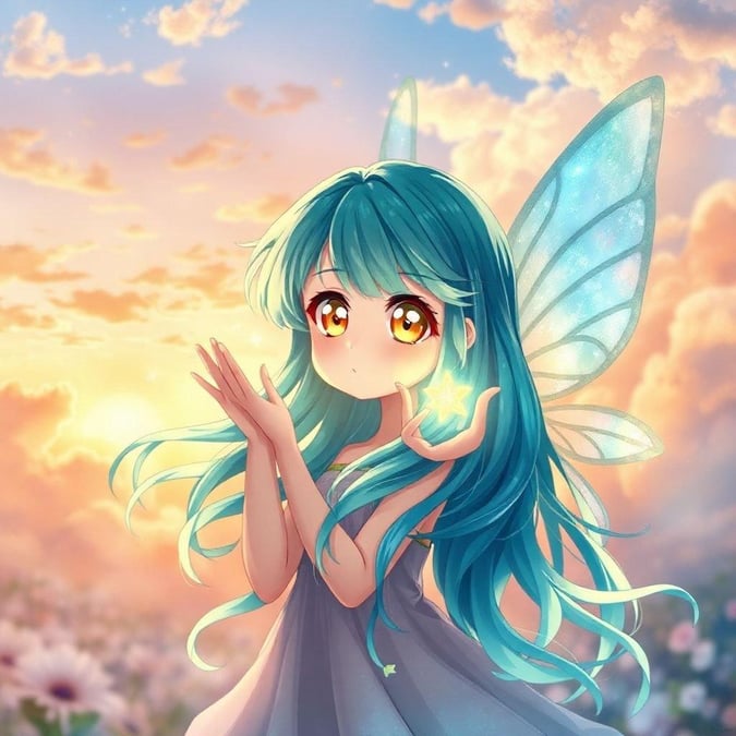 This enchanting wallpaper features a young girl with fairy-like wings, her vibrant blue and green hair flowing through the air, and her bright yellow eyes shining with magic. Her hands form a mystical symbol, adding to the whimsical charm of the scene. The dreamy sky, a blend of warm and cool tones, provides a breathtaking backdrop for this magical moment.