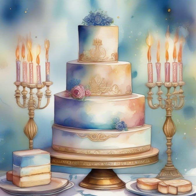 This whimsical three-tiered cake with lit candles adds a festive touch to any celebration. The design evokes the spirit of Hanukkah, making it perfect for your next event.