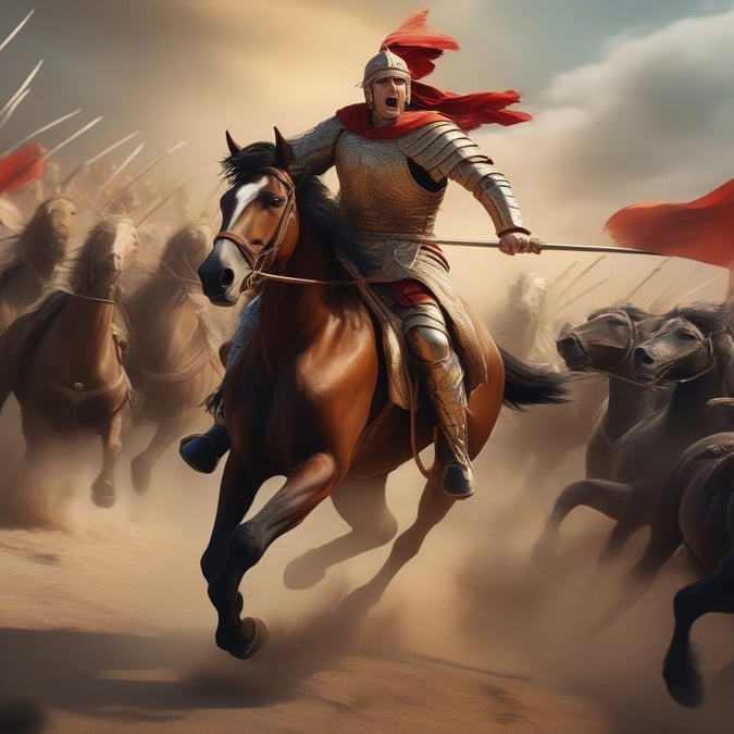 A powerful and iconic image of Alexander the Great, the ancient Macedonian king and conqueror, riding a horse and leading his army into battle.