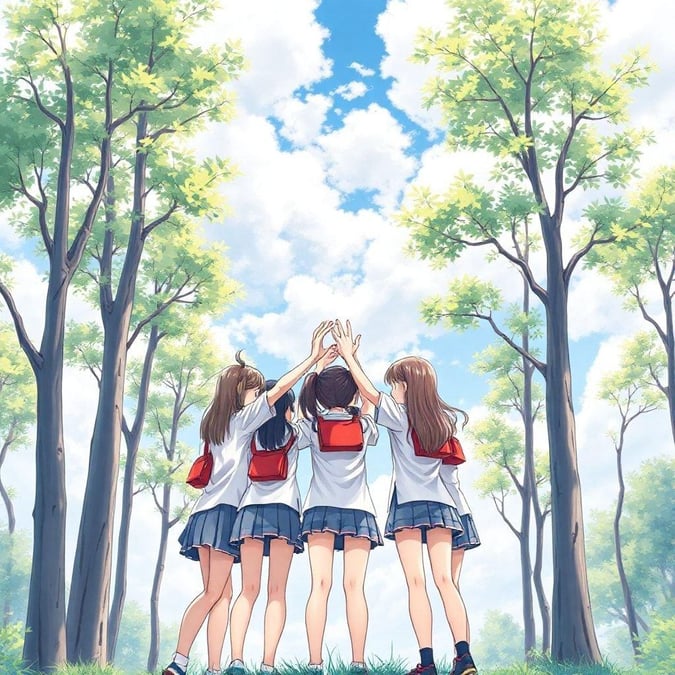 This anime wallpaper features a group of young girls in school uniforms standing in a forest, their hands forming an anime image. The scene is set against a backdrop of tall, slender trees with green leaves and a few branches, and a light blue sky filled with fluffy clouds.