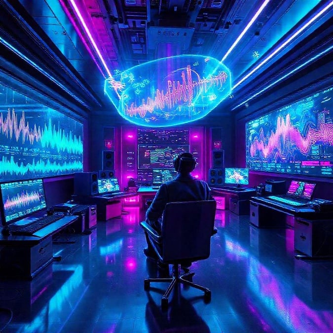 Immerse yourself in the futuristic world of music production with this vibrant neon cyberpunk wallpaper.