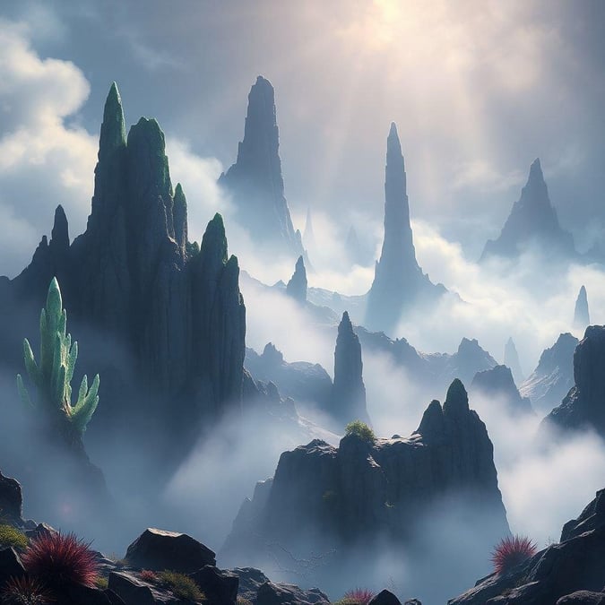 A fantastical view of towering rock formations amidst a mysterious fog.