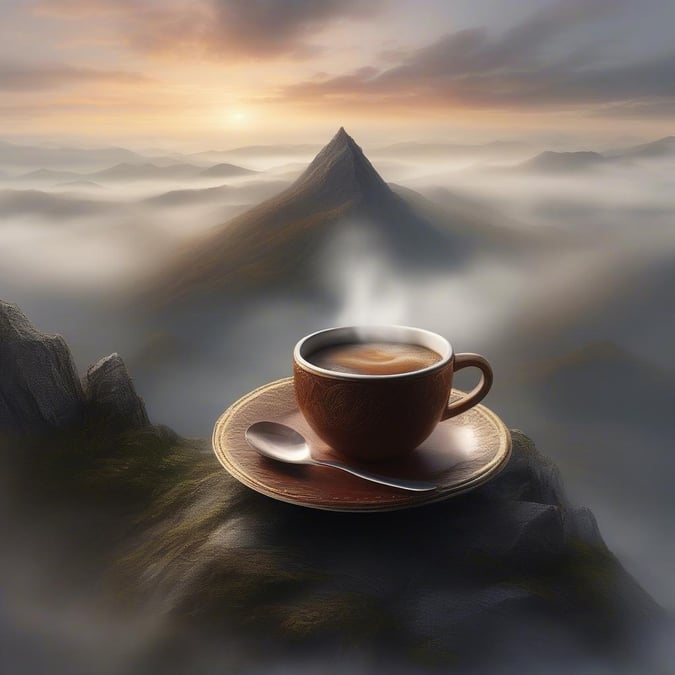 A serene and peaceful scene of a cup of coffee on a mountain top, perfect for a relaxing morning or afternoon.