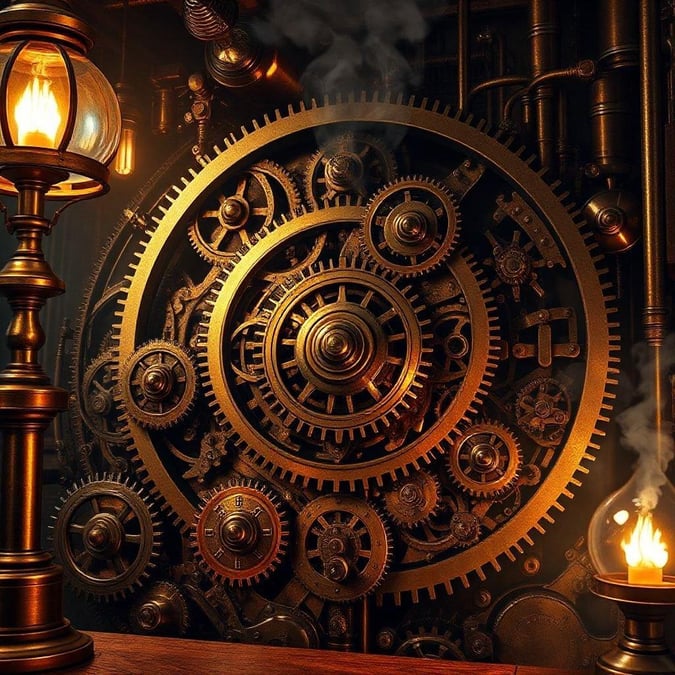 A fantastical contraption with clockwork precision, ready to unleash an unknown power. A steampunk aesthetic for your desktop.