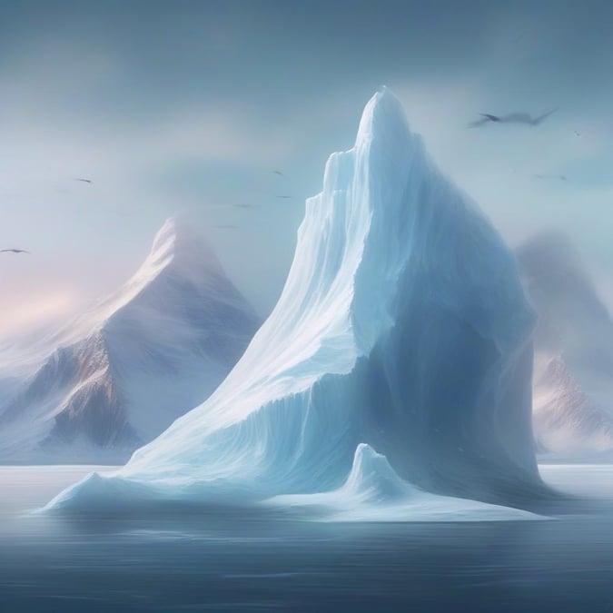 Experience the breathtaking beauty of an iceberg at sunrise, set against a stunning backdrop of a mountainous polar landscape. As the sky awakens with soft hues, witness the majestic ice formations glistening in the ethereal light of dawn.