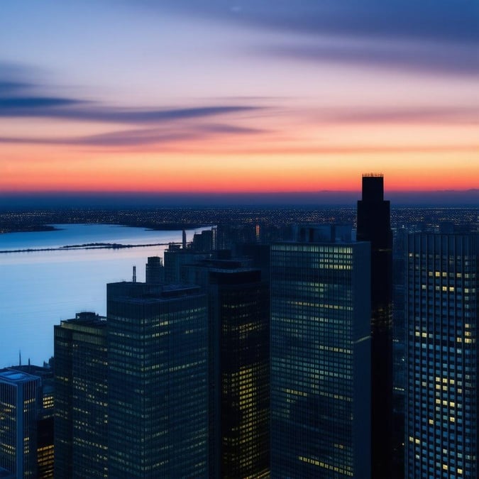 A breathtaking view from above, with skyscrapers silhouetted against the warm glow of a sunset over a sprawling city. The sky is painted with hues of orange and red, casting a peaceful light on the buildings below.