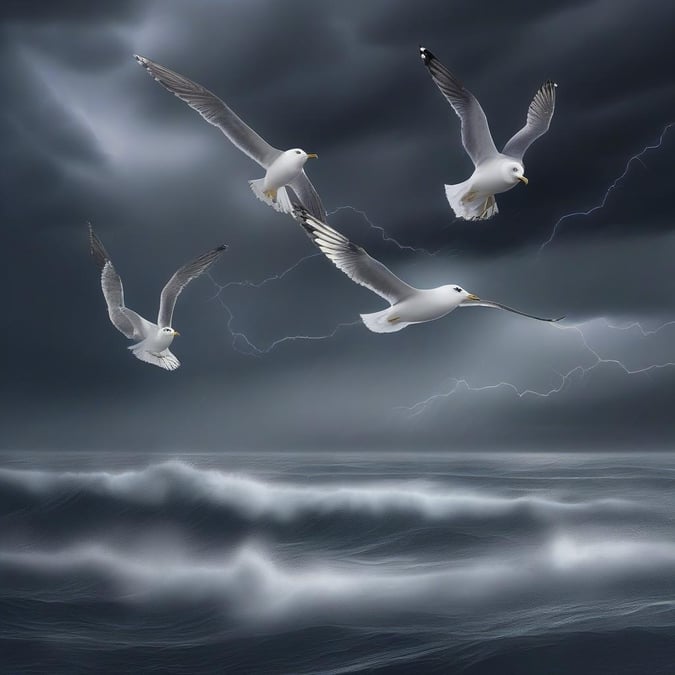 This wallpaper features a dramatic scene of seagulls flying over a stormy sea, with dark clouds and lightning illuminating the sky.