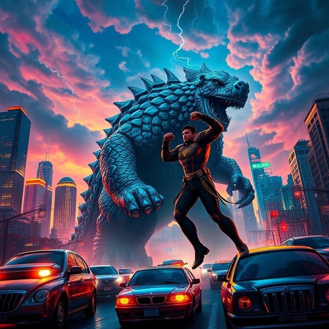 This epic wallpaper features a dynamic superhero standing tall amidst a cityscape, with a colossal monster looming in the background. The vibrant colors and detailed artwork make it a perfect fit for fans of comic legends.