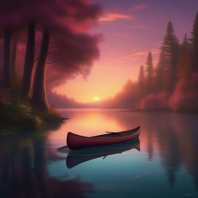 Celebrate the end of another day with this serene image featuring a vibrant sunset over a calm lake. A single canoe waits patiently for its next adventure, as nature paints its masterpiece in hues of pink and orange against the backdrop of the deepening twilight.