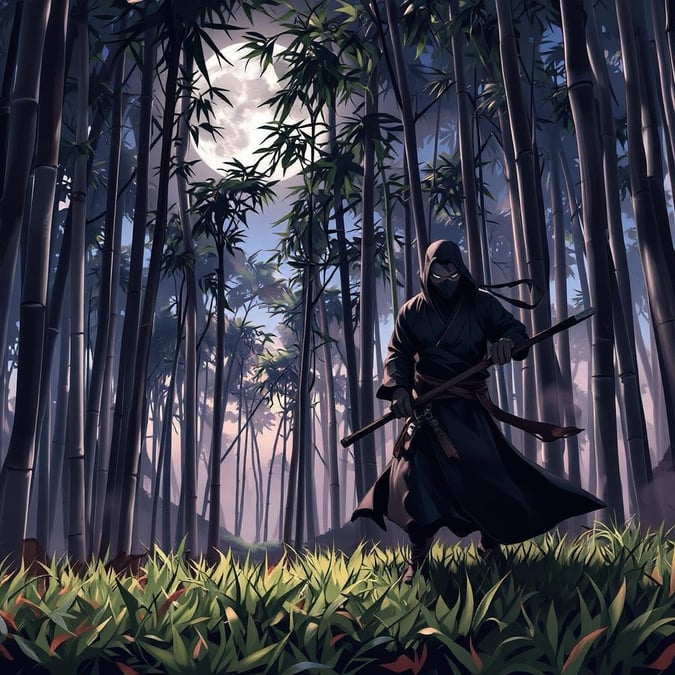 A mystical nighttime journey through a bamboo forest under a full moon. A solitary ninja, garbed in traditional attire and wielding his weapons of choice, walks the path with purpose.