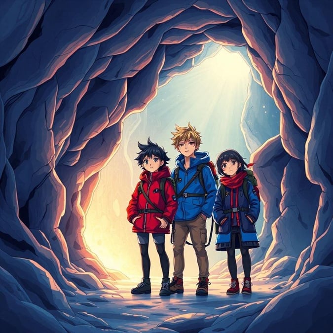 Step into a world of wonder with this captivating anime-style wallpaper, where a group of four friends embark on a journey through a mysterious cave system. Adorned with intricate patterns and a glowing light source, this image invites you to explore the unknown.